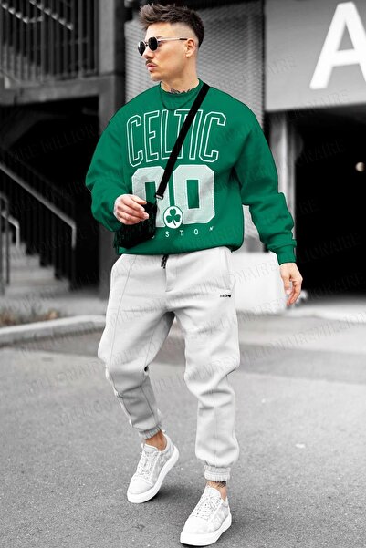 Millionaire Πράσινο ανδρικό φούτερ από φλις εμπριμέ Boston 00 - Crew Neck, Oversize Cut