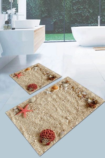 G&C HOME Covoraș de baie dublu cu model de nisip de mare absorbant de apă - imprimat digital (40/60cm -60x100cm)