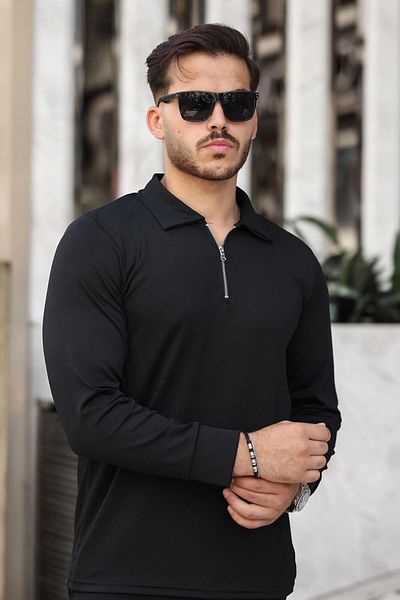 twingold Men's Polo Neck Black Slim Fit Zippered