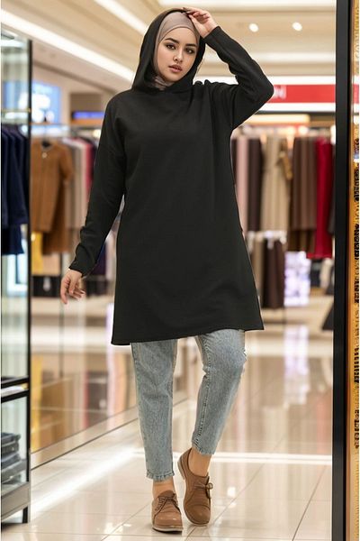 RESPİRO Winter Relaxed Fit Black Plain Long Hooded Soft Tunic