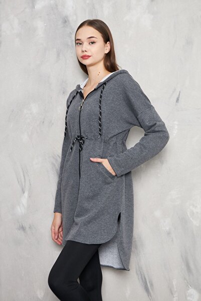 KİM Kİ O Anthracite Hijab για γυναίκες - Casual, μπροστινό φερμουάρ, τσέπη, κάτω μέρος στο στήθος και κορδόνια με κουκούλα, 3 κλωστές χωρίς ανύψωση