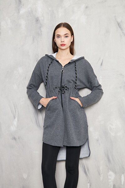 KİM Kİ O Anthracite Hijab για γυναίκες - Casual, μπροστινό φερμουάρ, τσέπη, κάτω μέρος στο στήθος και κορδόνια με κουκούλα, 3 κλωστές χωρίς ανύψωση