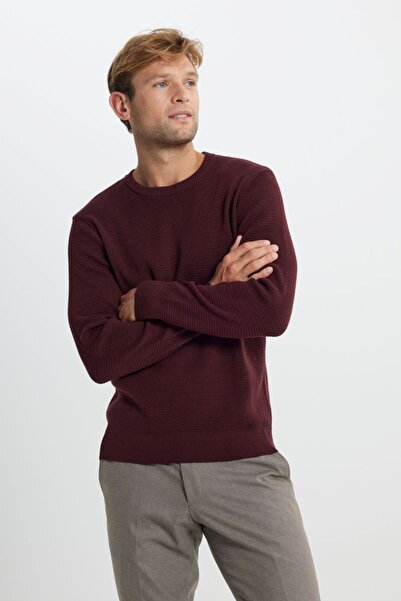 ALTINYILDIZ CLASSICS Claret Red Honeycomb Textured Knitwear Sweater - Crew Neck, Cotton Standard Fit