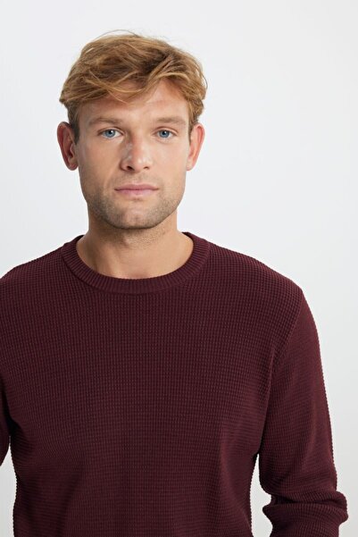 ALTINYILDIZ CLASSICS Claret Red Honeycomb Textured Knitwear Sweater - Crew Neck, Cotton Standard Fit