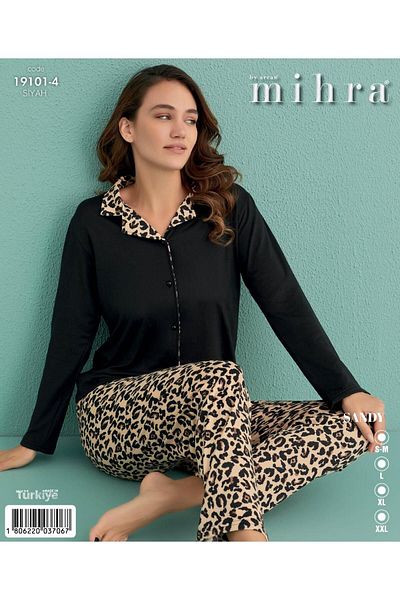 Mihra 19101-4 Black Leopard Patterned Shirt and Pajama Set - Neck Buttoned