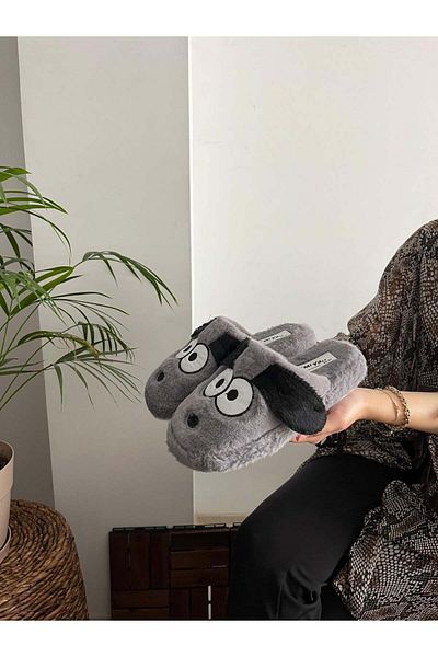 Behtah Kundura Men's and Women's Home Slippers - Plush Fluffy Dowry Slippers with Eared Dog Figure and Silent Sole
