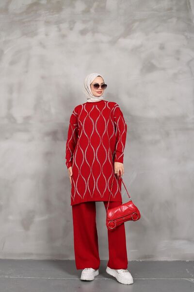 nacar çarşı KADIN MODEST DALGA DESENLİ YANDAN YIRTMAÇLI SİMLİ TRİKO TUNİK