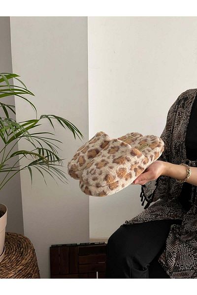 Behtah Kundura Γυναικείες παντόφλες σπιτιού με χνουδωτό σχέδιο λεοπάρ - Αθόρυβη σόλα και γούνινες παντόφλες