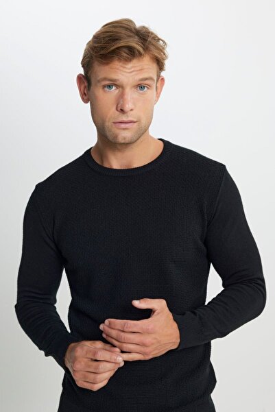 ALTINYILDIZ CLASSICS Pamuklu Standart Fit Normal Kesim Bisiklet Yaka Jakarlı Triko Siyah Kazak