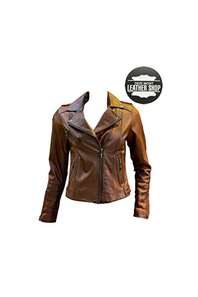 derimont سترة جلدية بنية اللون - سترة جلدية بنية اللون للنساء