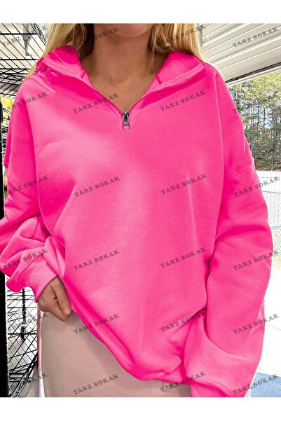 Tarzsokak Y2K Yarım Fermuarlı Bay Sweatshirt Pembe