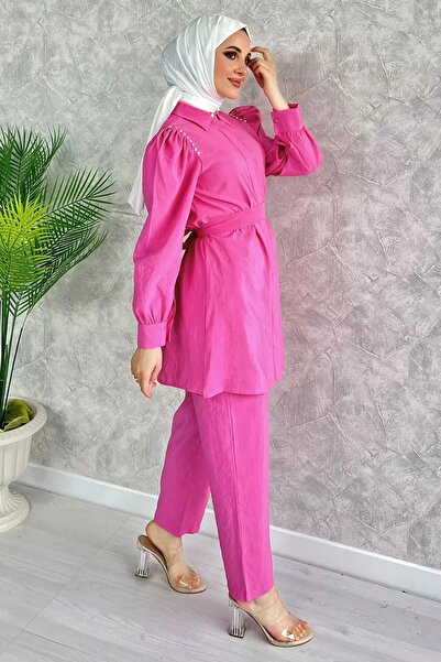 julude Stone Embroidered Pink Shouldered Women's Hijab Set