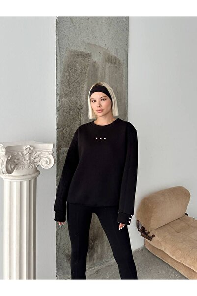 DARJO COMMER Μαύρο γυναικείο φούτερ με τρία νήματα O oversized