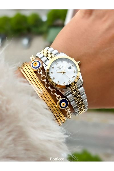 FERRO Brand Steel Cord, Silver Color, Small Case Women's Wrist Watch + Evil Eye Beaded Bracelet