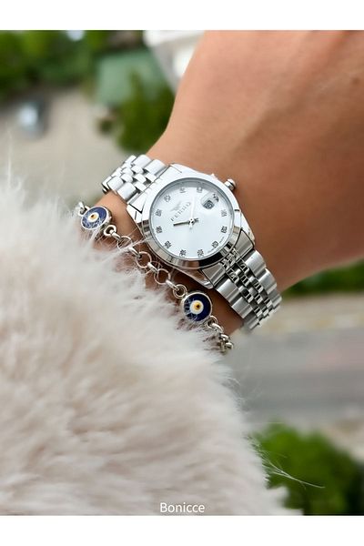 FERRO Brand Steel Cord, Silver Color, Small Case Women's Wrist Watch + Evil Eye Beaded Bracelet