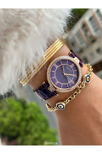 Ferrucci Brand Steel Cord Purple Color Women's Wristwatch+Nazar Beaded Bracelet