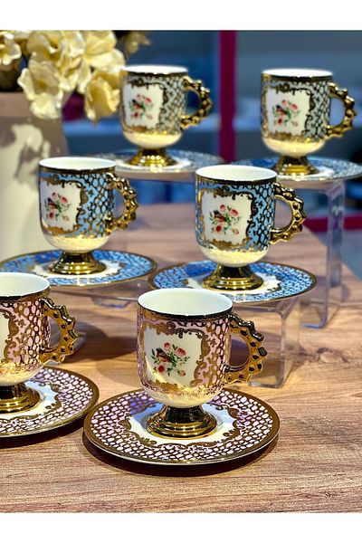 ACAR Set of 6 Turkish Coffee Cups with Asortia Colorful Birds and Flowers Gold Gilt
