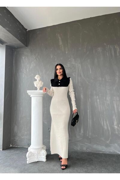 MAY MARA Long Knitwear Dress - Polo Collar and Ruffle Detail