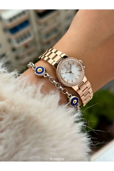 Reward New Model Rose Color Steel Cord Small Mini Case Stoned Women's Wristwatch + Nazar Beaded Bracelet