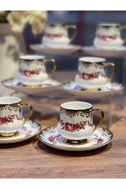ACAR 6lı vintage rose güllü beyaz gold yaldızlı kabartmalı türk kahve fincan ...