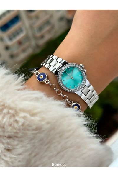 Reward New Model Silver Color Steel Cord Small Mini Case Rhinestoned Women's Wristwatch + Nazar Beaded Bracelet