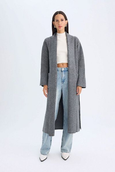 DeFacto Comfortable Cut Shawl Collar Knitwear Cardigan - Plain Belted, Long A2081Ax24Wn