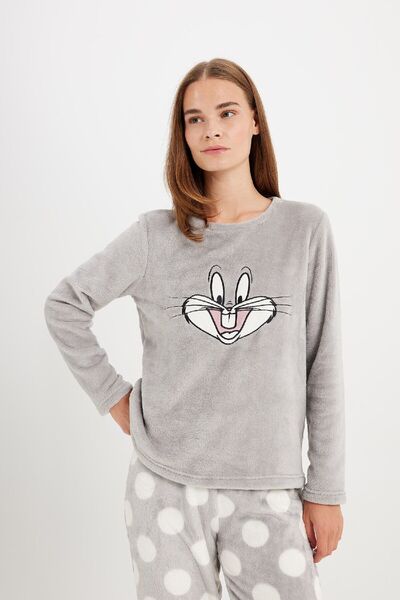 DeFacto Looney Tunes Plush Pajamas Set - Crew Neck, Long Sleeve, Top Pattern Bottom