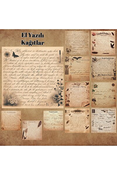 Pink Swan Craft El Yazılı Kağıtlar Vintage 12 Adet Scrapbook Bullet Journal M...