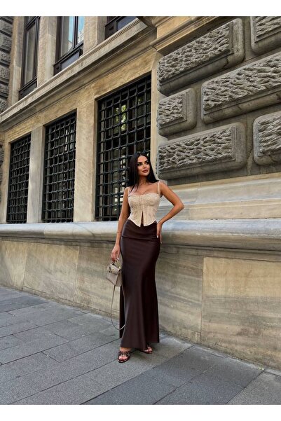 LB Laluna Butik Dámska hnedá dlhá saténová sukňa