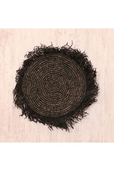 Mylamp 40x40 cm tricotat negru natural în două sensuri - pernă din rafie (63 cm cu franjuri)