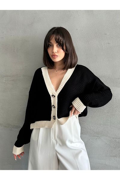 NATUFIAN STORE Cardigan de tricotaj pentru femei alb-negru - Detaliu de culoare contrastantă