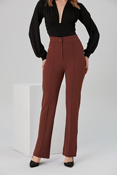 KAŞİHA High Waist and Grassy Lycra Brown Women's Knitted Pants