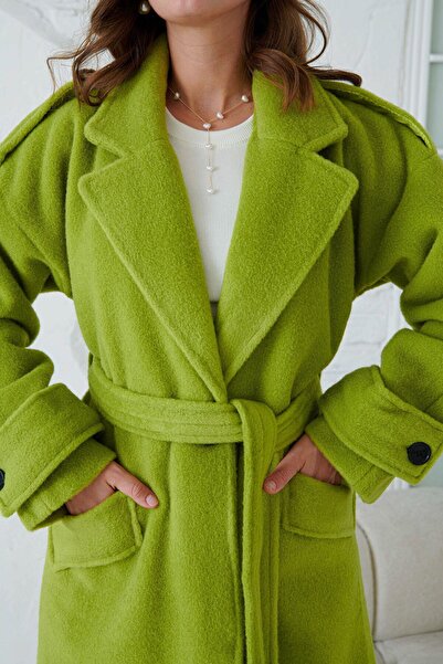 WOMAN VISION Pistáciově zelený midi kabát – dvouřadý límec, pásek, dlouhý rukáv, od ramene, podšitý 9002