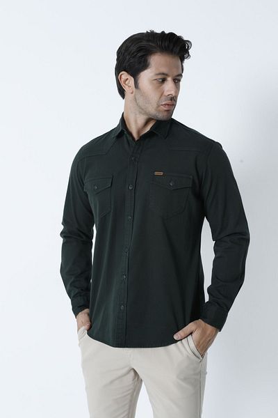 Cordial Men's Cotton Regular Fit Green Autumn/Winter Double Pocket Flap Shirt