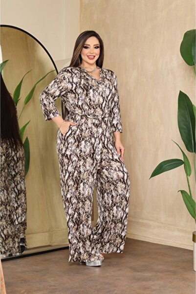 garajmood Mink Patterned Double Breasted Collar Long Sleeve Comfortable Women's Plus Size Jumpsuit