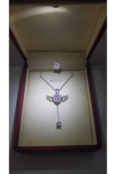 vogutima Kadın Gümüş Kolye - Pırlanta Kesim Taşlı Melek Kanadı Pembe Kalpli • Işıklı Kutuda • Sevgiliye
