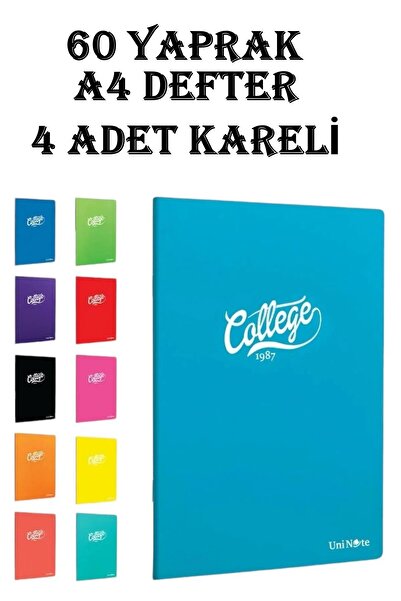 GÜZELYÜZ AVM College Defter A4 Okul Defteri 60 Yaprak 4 ADET KARELİ Pp Kapak Defter Seti