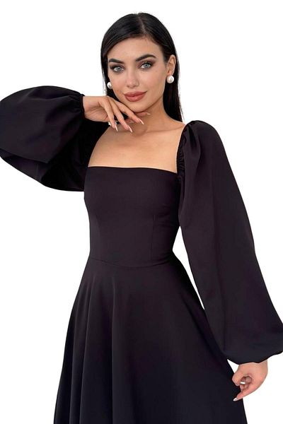 WOMAN VISION Rochie midi pentru femei - guler pătrat și mânecă cu bule, țesătură Atlas 011