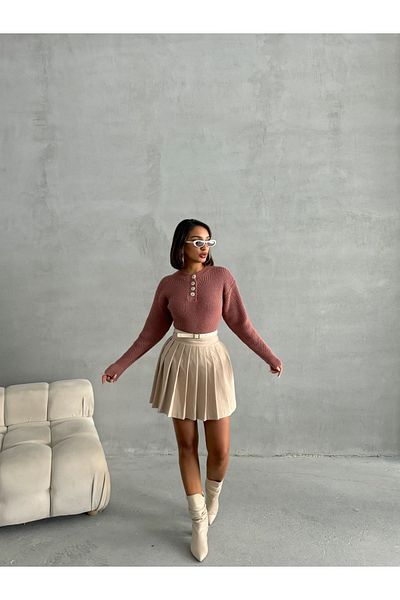 nosia fashion Дамски плетен пуловер с копчета - дълъг ръкав, текстуриран