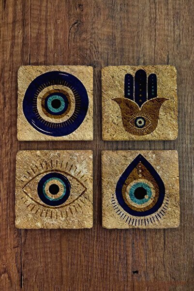 Begoloni Stone Decor Doğal Taş Bardak Altlığı 4'lü Set 10x10x1 Cm Nazar Boncu...