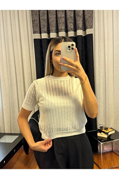 SHINE STYLE Ajurlu Bisiklet Yaka Kısa Kol Tişört Beyaz