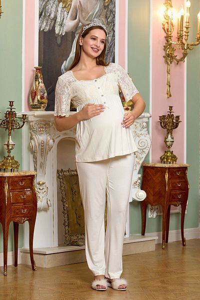 Cossy By Aqua Cb25130 Women's 3-Piece Lace Maternity Pajamas Set - Cream Dressing Gown