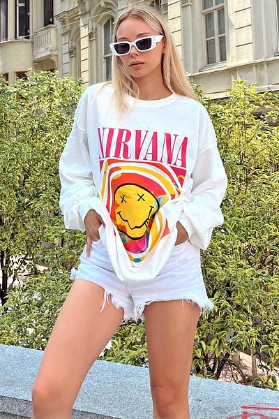 Swist Weißes Nirvana bedrucktes Damen-Sweatshirt mit Rundhalsausschnitt