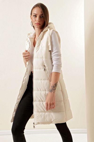 Bigdart 5140 Hooded Long Puffer Vest - Ecru
