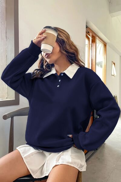Vio Belle Kadın Retro Renk Bloklu Pamuklu Gömlek Yaka Sweatshirt