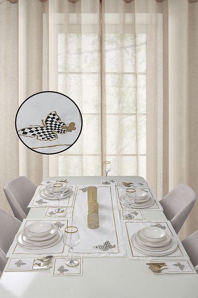 Bonny Home Kelebek Cream Gold 8 Ατόμων 25 τεμαχίων Κεντητό λινό λινό Yemerk Σετ παρουσίασης American Service Set