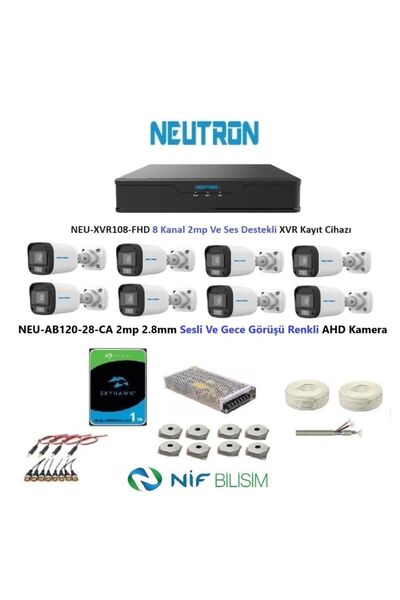 NEUTRON 2mp 8 kameralı Gece Renkli Sesli Dış ortam AHD Full Kamera Seti 1TB Disk NEU-AB120-28-CA