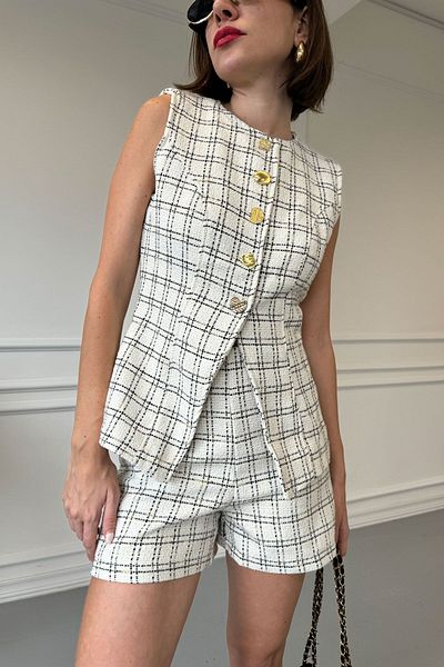 MAGARDE White Plaid Patterned Tweed Shorts Set