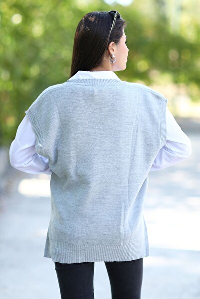 GİYSA Сірий V-подібний виріз Акриловий светр - Стильний дизайн 3079