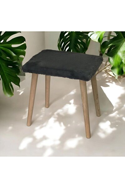 Taşkale Gürgen Ahşap Retro Ayak Dekoratif Antrasit Pelüş Puf Tabure Bench Koltuk Sandalye